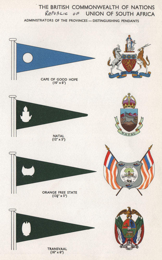 SOUTH AFRICA FLAGS. Cape of Good Hope. Natal. Orange Free State. Transvaal 1958